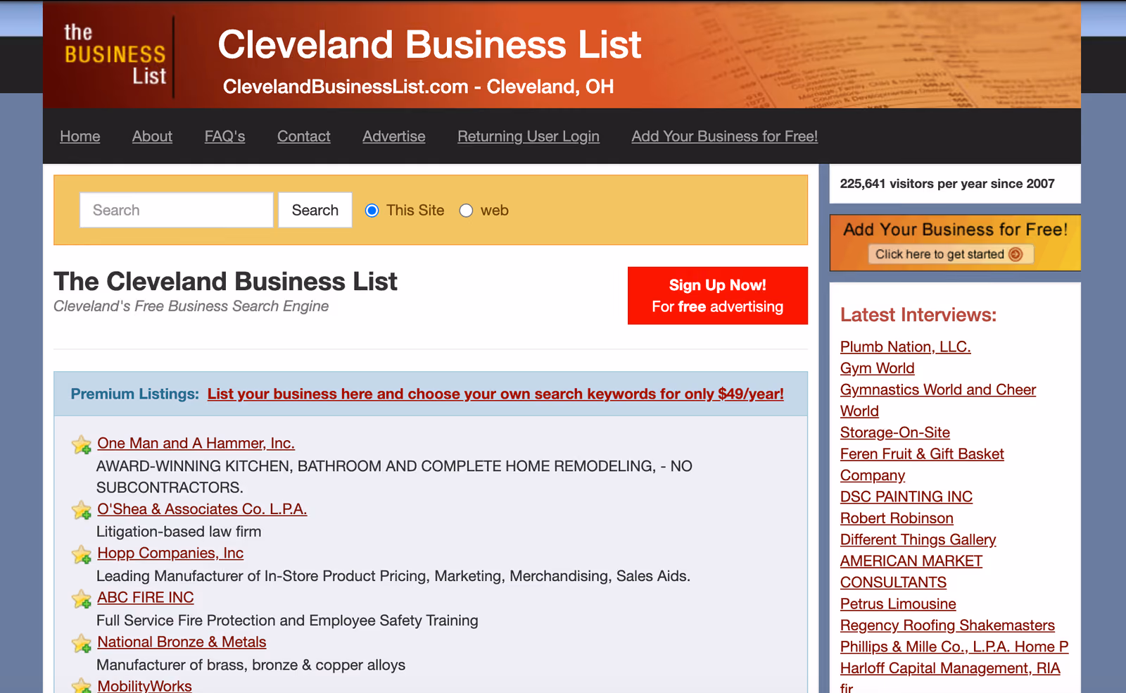 The original Cleveland Business List homepage with an orange header, search box, a Sign Up Now button for free advertising, and a sidebar reading 225,641 visitors per year since 2007
